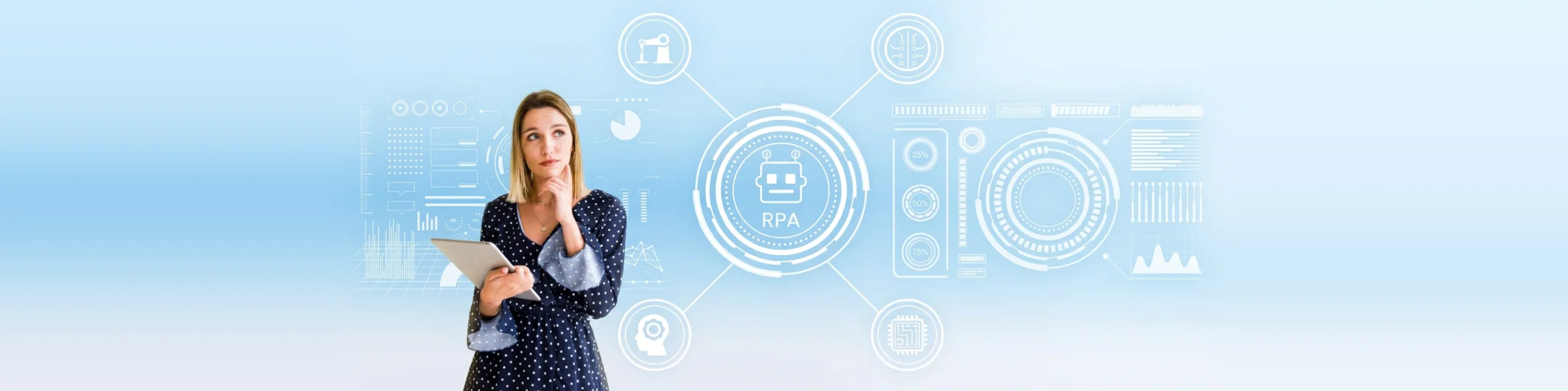 Woman with a tablet in front of a digital diagram of RPA and AI automation