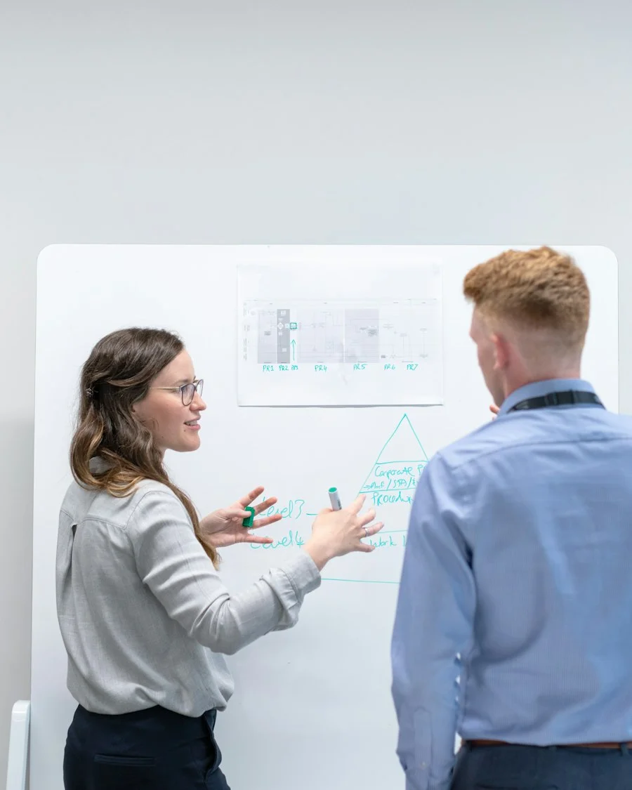Two consultants mapping a transformation plan on a whiteboard