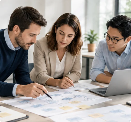 Team reviewing a process map on paper at a desk