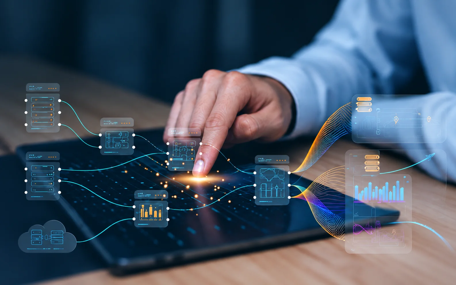 Hand modernizing connected legacy system components on a digital screen
