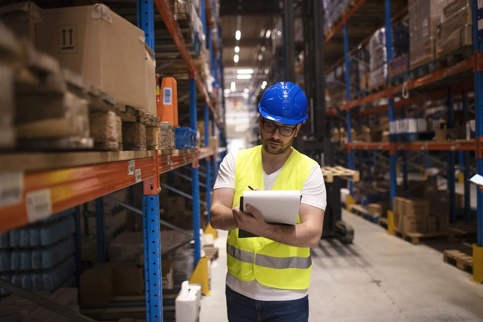 Warehouse worker checking inventory on a clipboard
