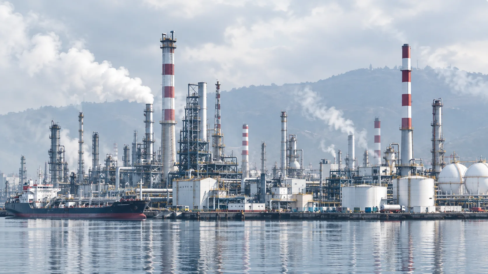 Oil refinery skyline reflected on calm water